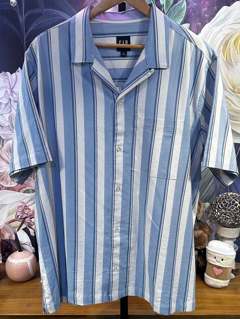GAP XL Linen Blend Striped Camp Shirt Preppy Coastal Quiet Luxury Light Academia
